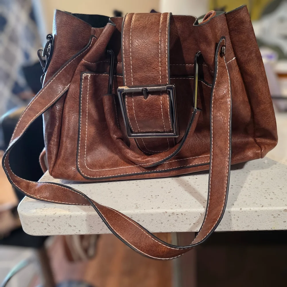 Brown Shoulder Bag with Buckle Detail - Picture 1 of 5